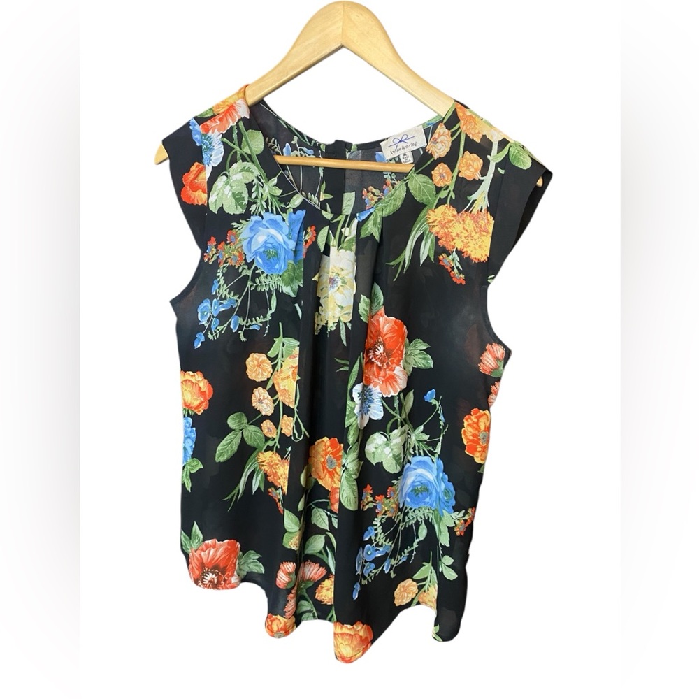 Floral Sleeveless Top - Black with Multicolor Accents